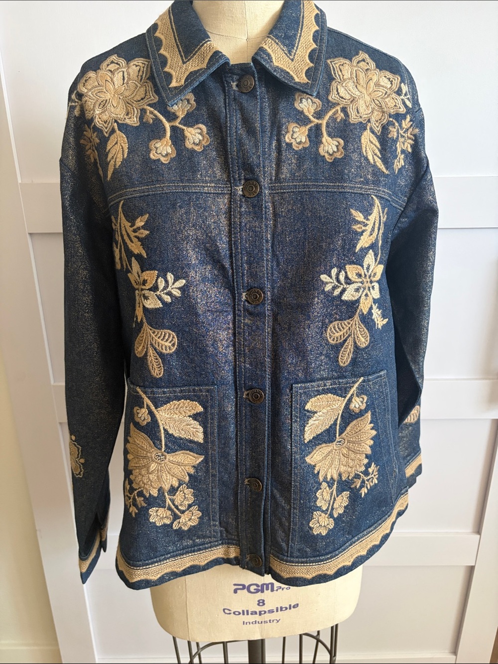 Embroidered Navy Denim Jacket with Gold Floral Detail